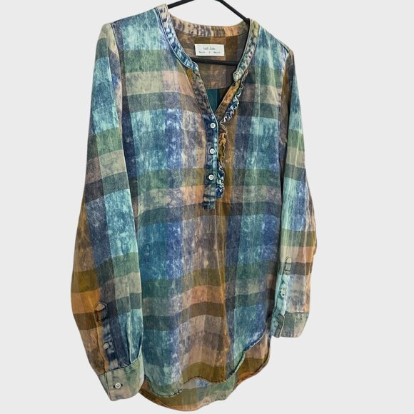 Anthropologie Ruffle Henley Top Women's Small Acid-Washed Tonal Check Tunic - Picture 3 of 11